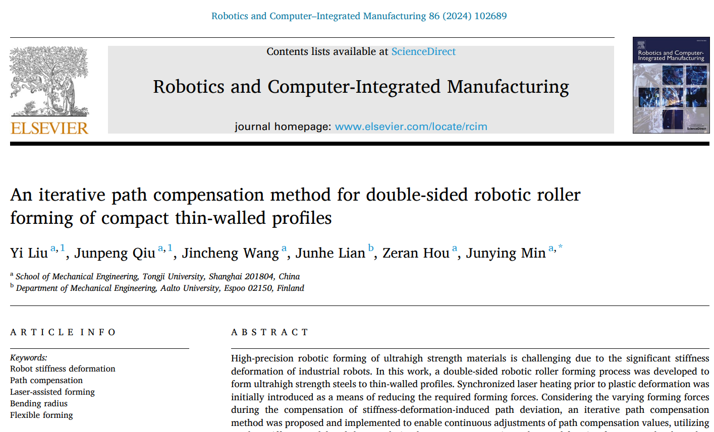 祝贺博士生刘亿的论文发表在JCR一区期刊Robotics and Computer-Integrated Manufacturing！